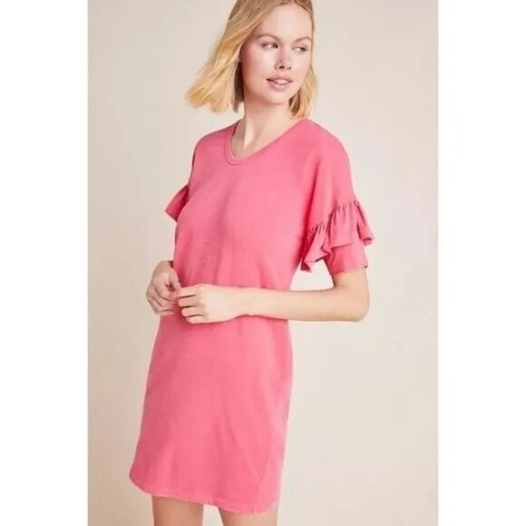 Sundry Casiano T Shirt Dress Ruffle Sleeve Pullover Crew Neck Solid Pink Size S - Picture 2 of 8